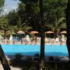 Una piscina con persone a bordo, circondata da lettini e palme.