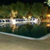 Piscina riflettente di notte, circondata da lettini, con alberi e bar illuminato.