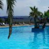 Piscina con palme e lettini bianchi.